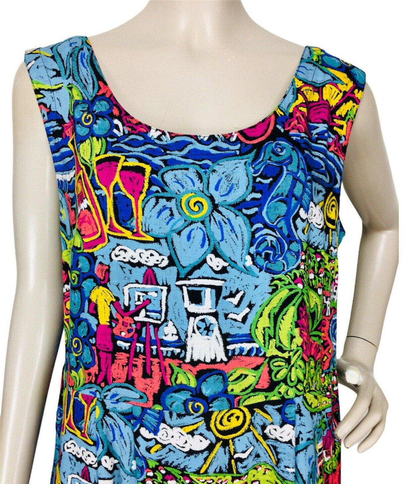 Vintage 80s Kahala Colorful Abstract Floral Sleeveless Hawaiian Maxi Dress