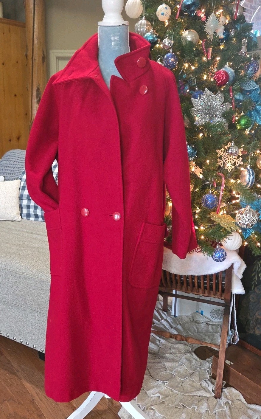 Vintage Central Park 100% Red Wool Anglo Fabrics SZ 14 Long Duster Jacket USA
