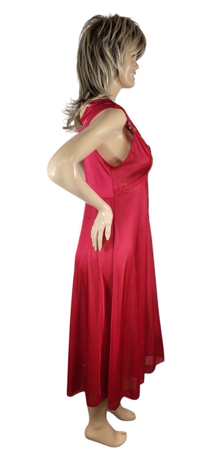 Vintage Soft Moments New York Red Nylon Satin & Semi Sheer Lace Slip Nightgown L