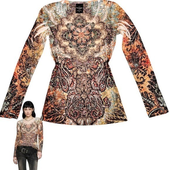 🎨DEADSTOCK Y2K EURO STYLE Stained Glass INTRICATE Bling Top – XL (Fits M/L)