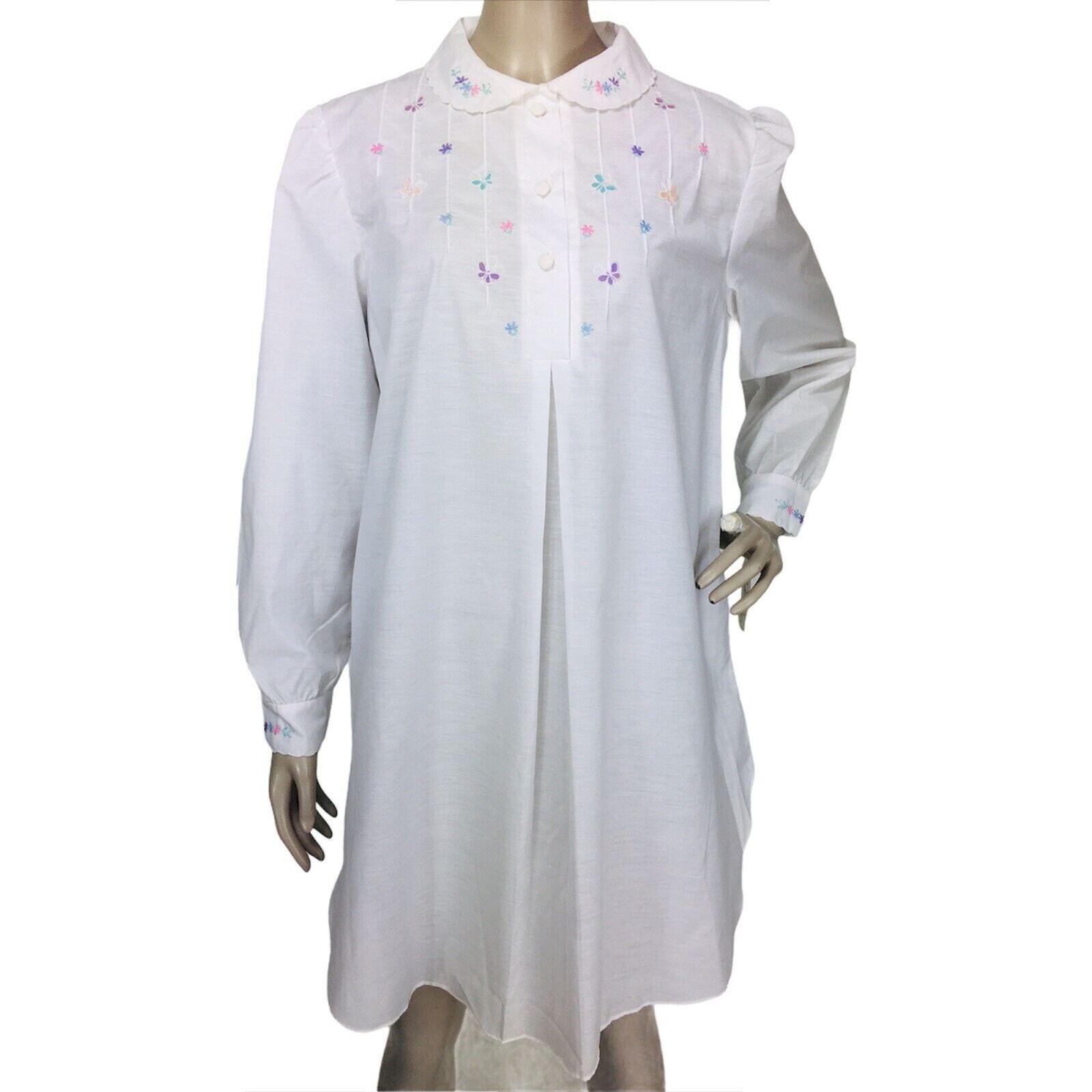 VTG Jodie Arden Hand Embroidered Butterflies Puff Sleeve Sleep Shirt Nightgown
