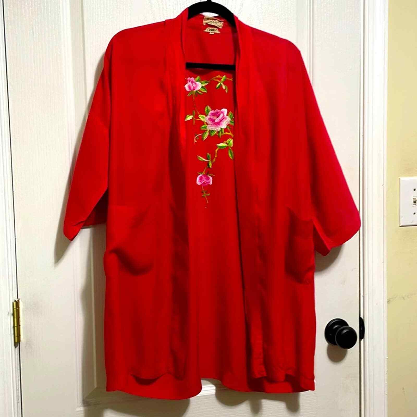 Golden Bee Kimono Robe Vintage Red Embroidered