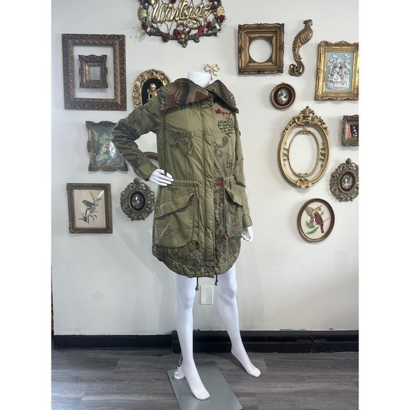 Desigual Vintage Y2K Olive Green Boho Graphic Parka Jacket 38