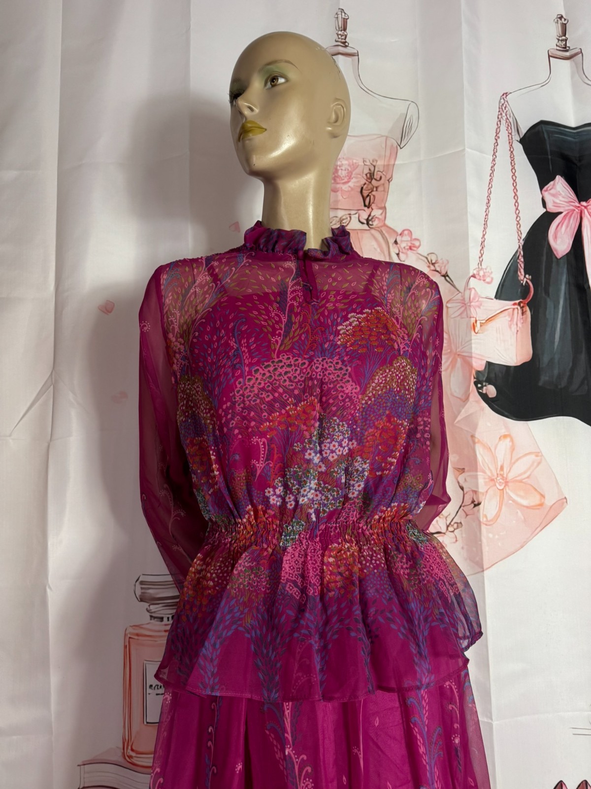 Vera Mont Vintage 70s Chiffon Maxi Dress Two Piece Pink Boho Size 32/34