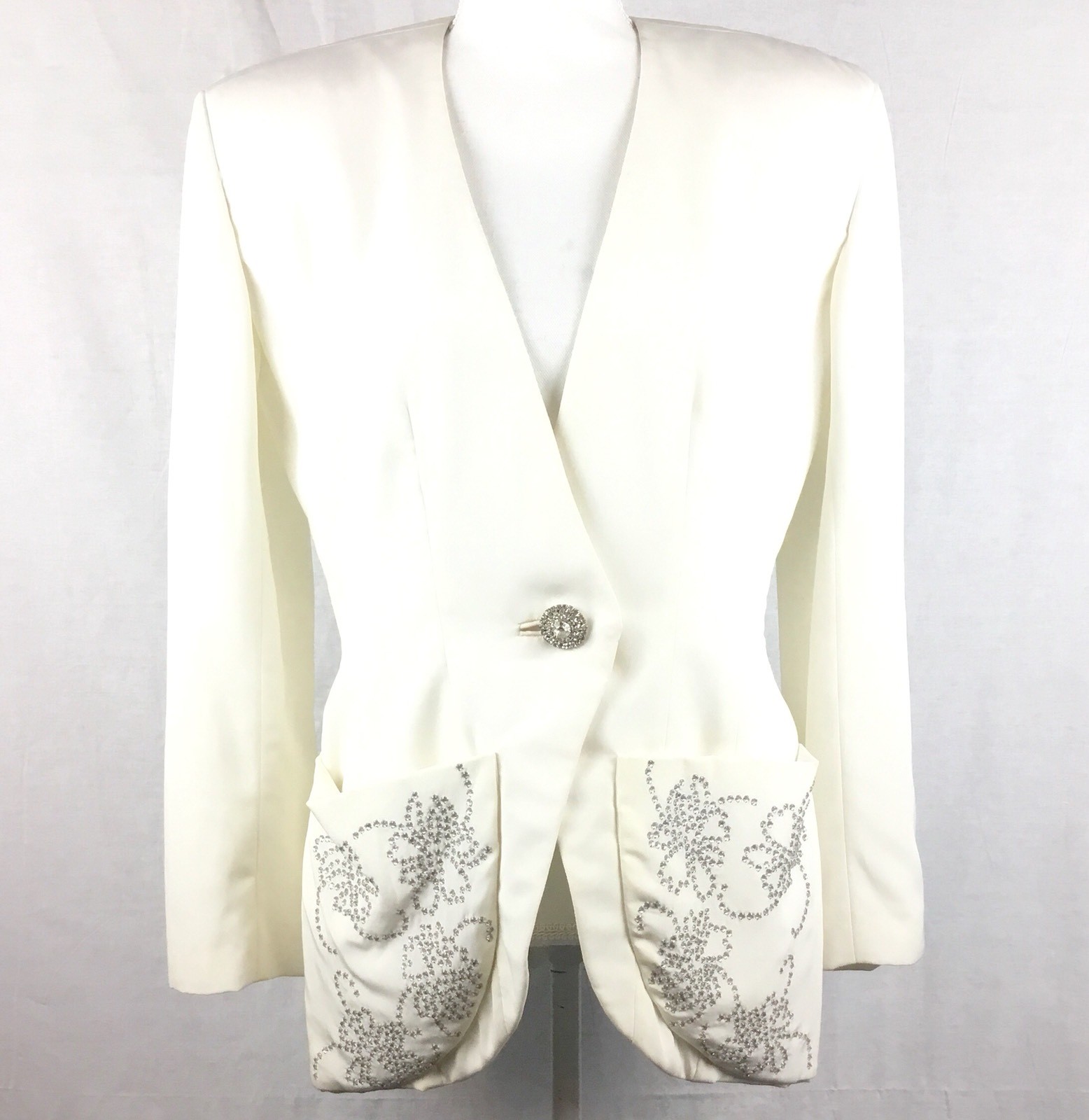 Vintage 80s Womens Blazer Ivory Rhinestones Shoulder Pads Vtg 1980s Retro Jacket