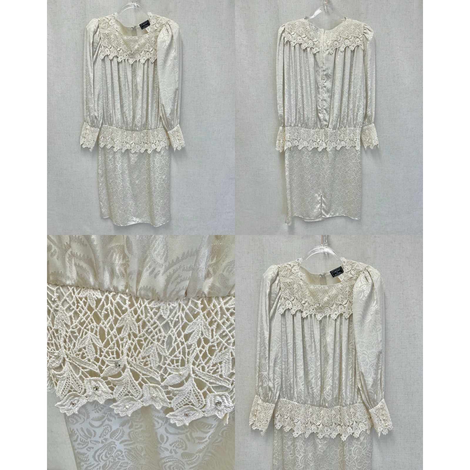 Cachet Bari Protas Floral Damask Lace Drop Waist Dress Womens 12 Cream Ivory 80s