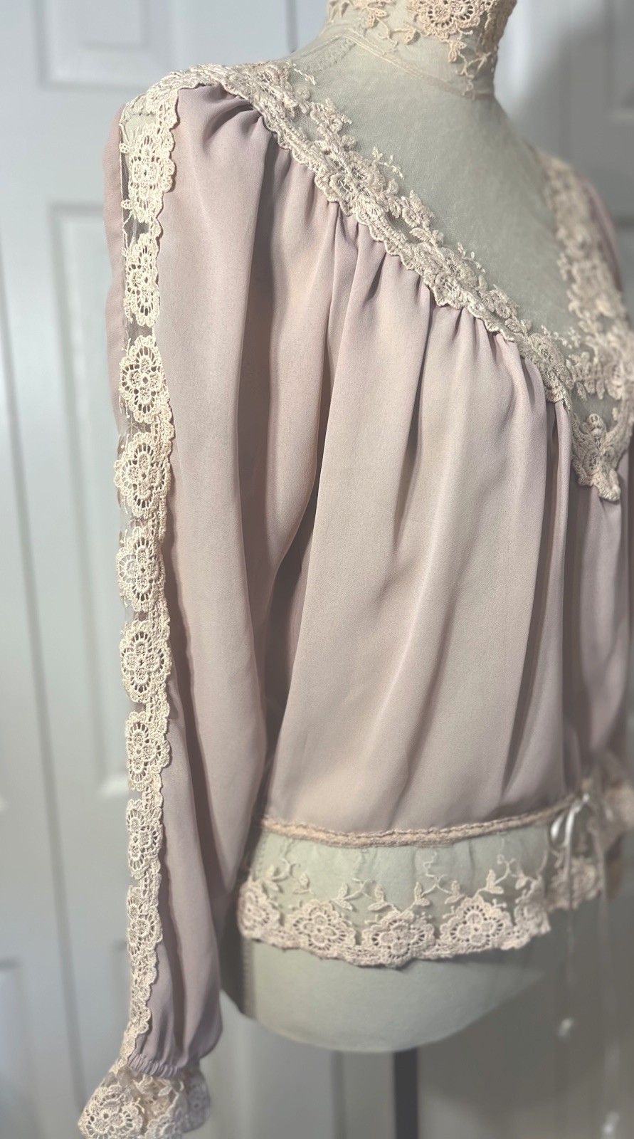 Victorian Chiffon Net Lace Blouse Sand Beige High Neck S/M
