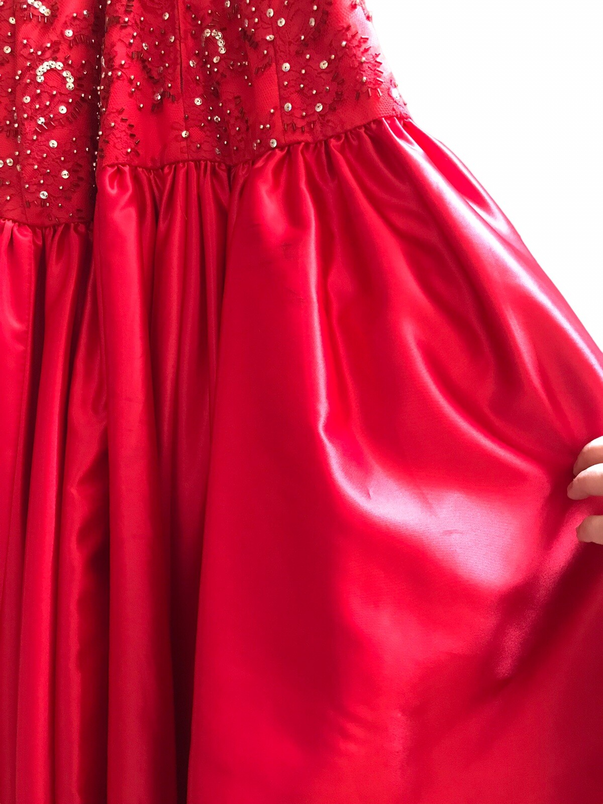 Vintage 90s Custom Handmade Red Satin Prom Evening Dress With Beads Sequin