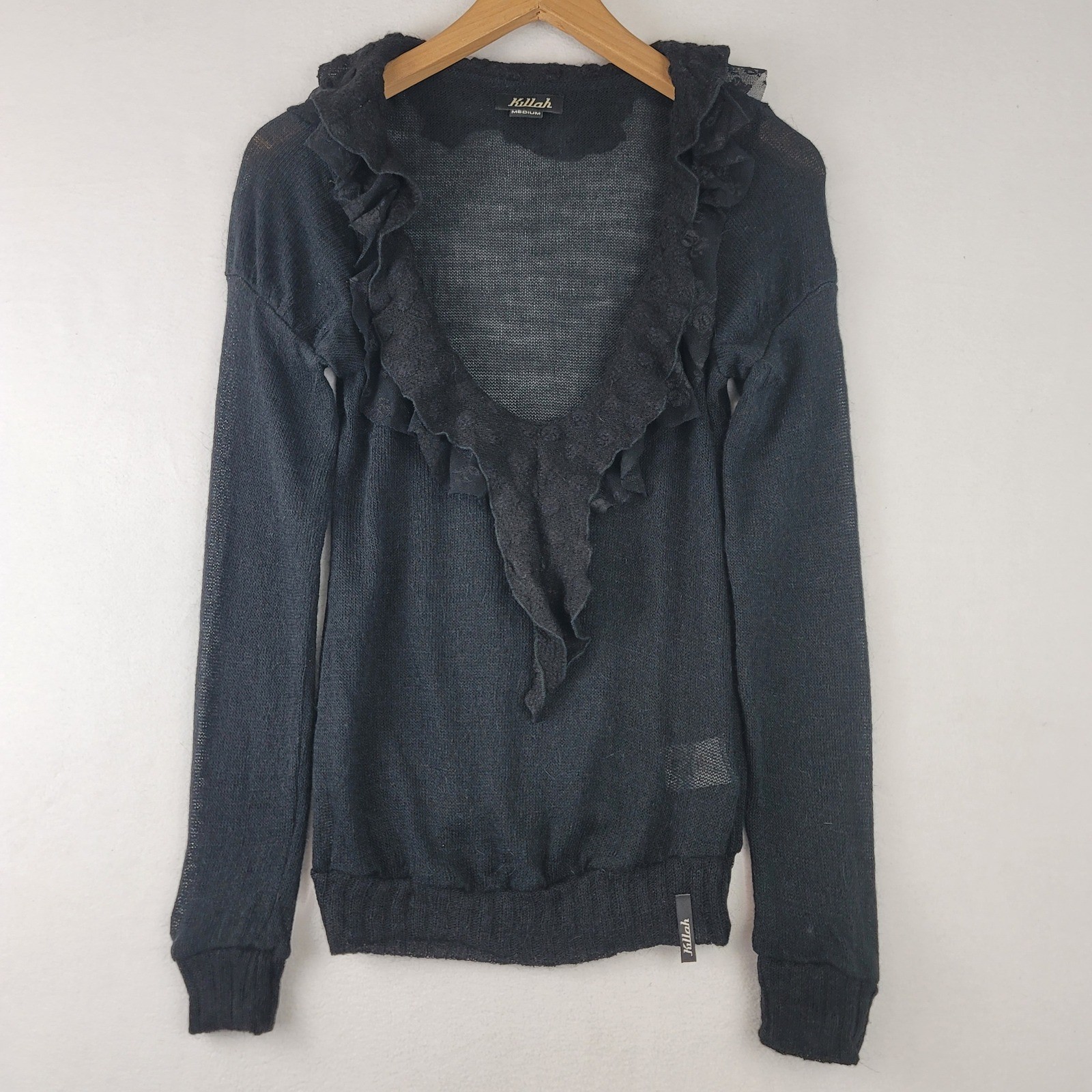 Killah Spikes Pullover Vintage Mohair Blend Ruffle Neck Sweater Black Medium