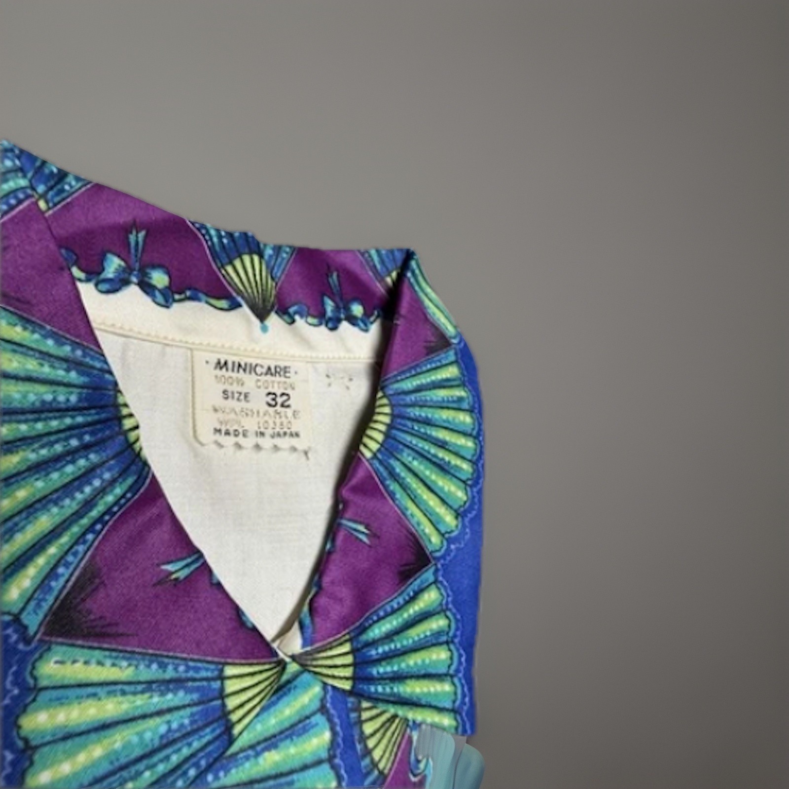 VTG 60s 70s Japanese Cotton Fan Print Blouse Shirt Mod Boho S 32 NOS