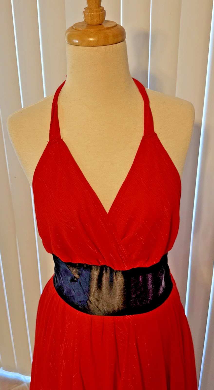 VTG 50s Marilyn Monroe Style Red Halter Midi Dress Black Tulle Cocktail Sz Small