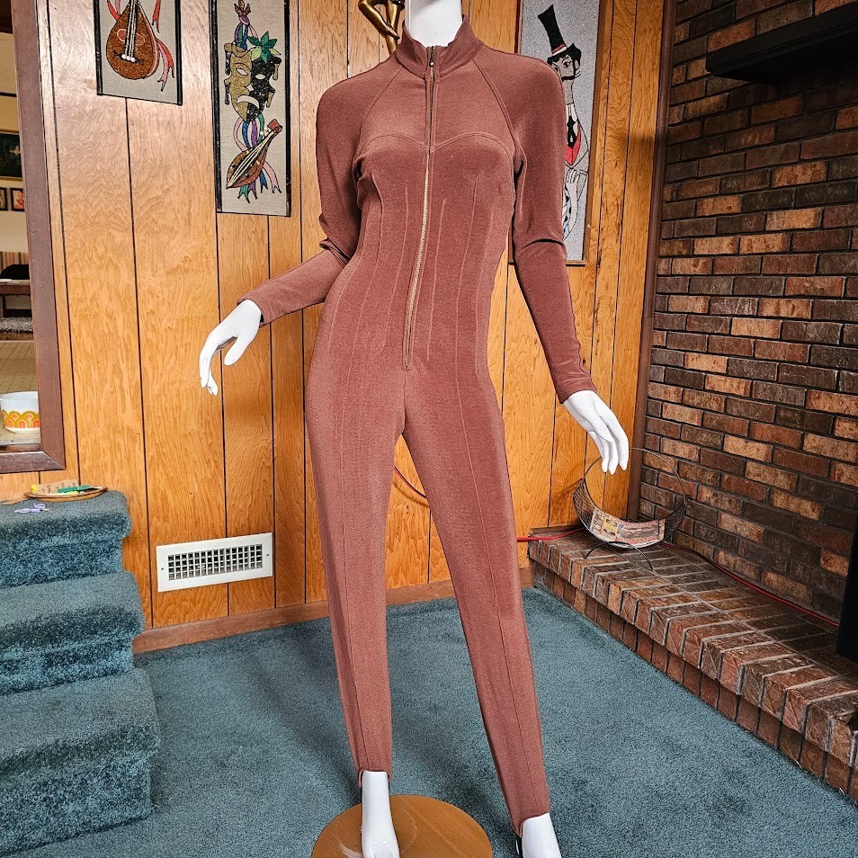 Vtg 80s Urban Ski Bunny Corset Seams Catsuit Slinky Stirrup Pants Jumpsuit S/M