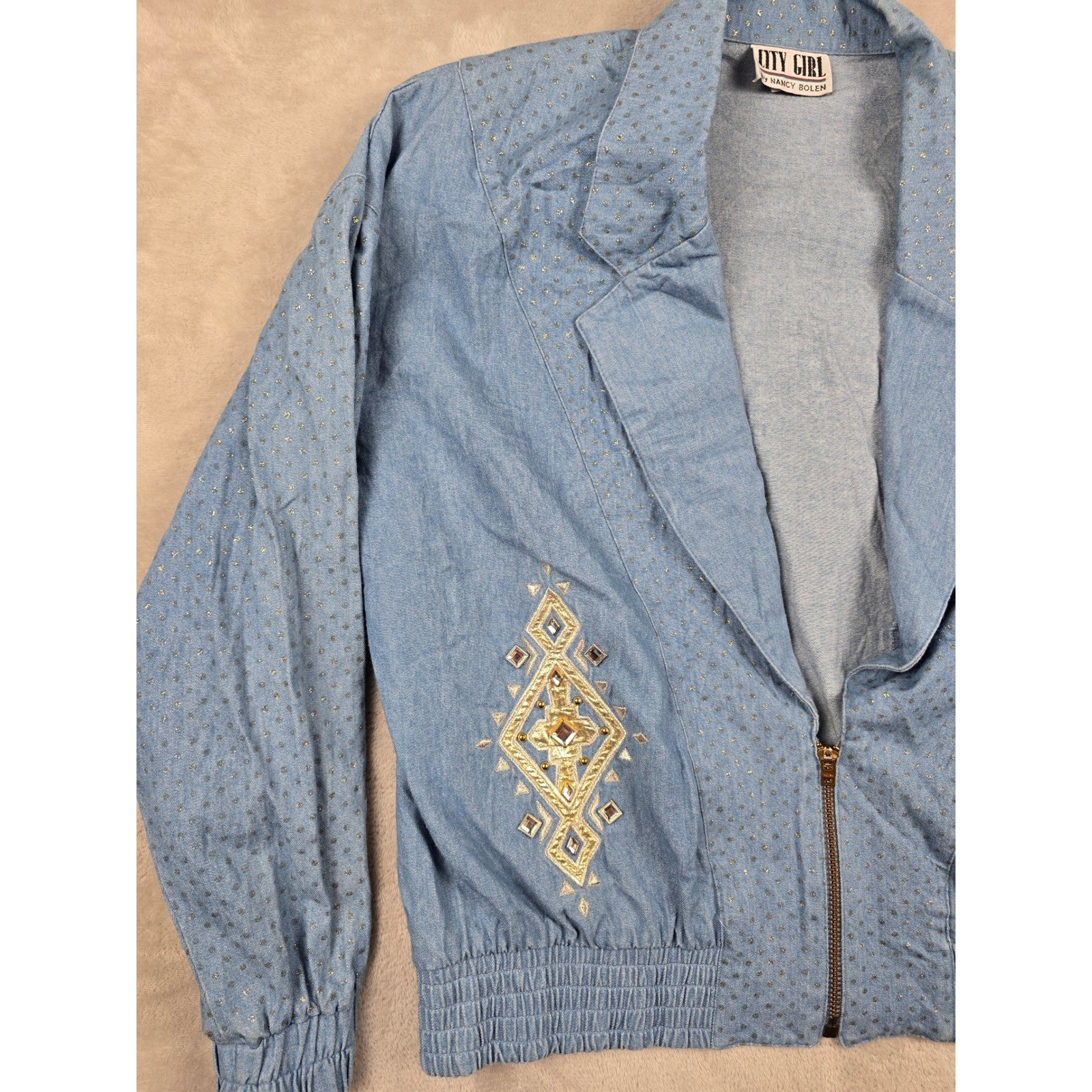 Vintage City Girl Blazer Womens L/XL Blue Gold Studded 80s Talon Zip *Read