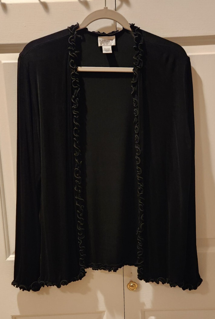 Chicos Travelers Sz 2~Reg 12~Black Open Front Travel Knit Cardigan~Ruffled Edges