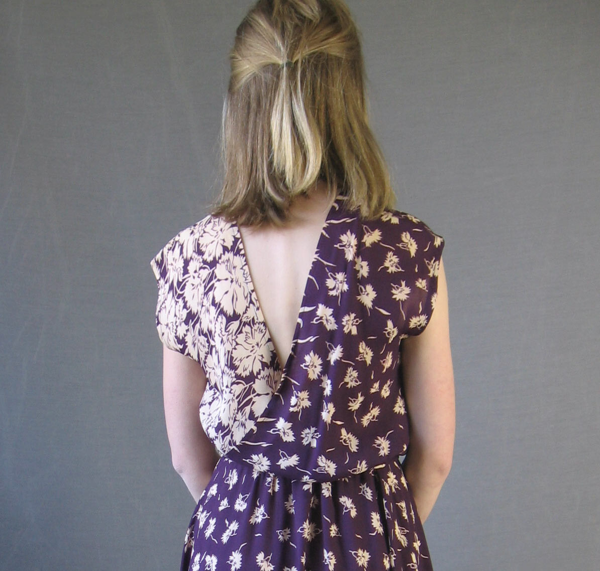 70s Vtg 30s Style Dress Garden Party Purple Romantic Floral Print Wrapped Bodice