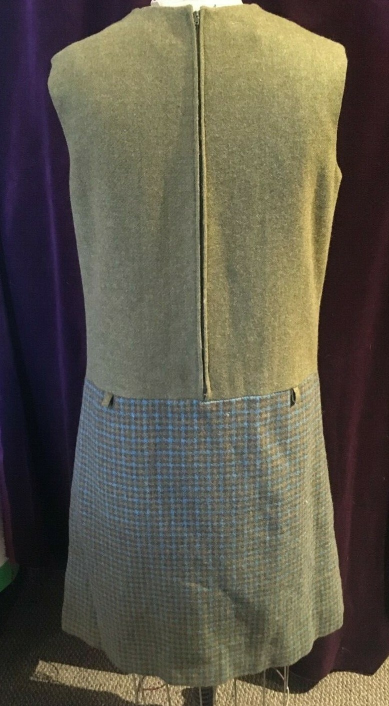 Vintage 1970s Olive Green Wool Shift Dress with Patterned Skirt