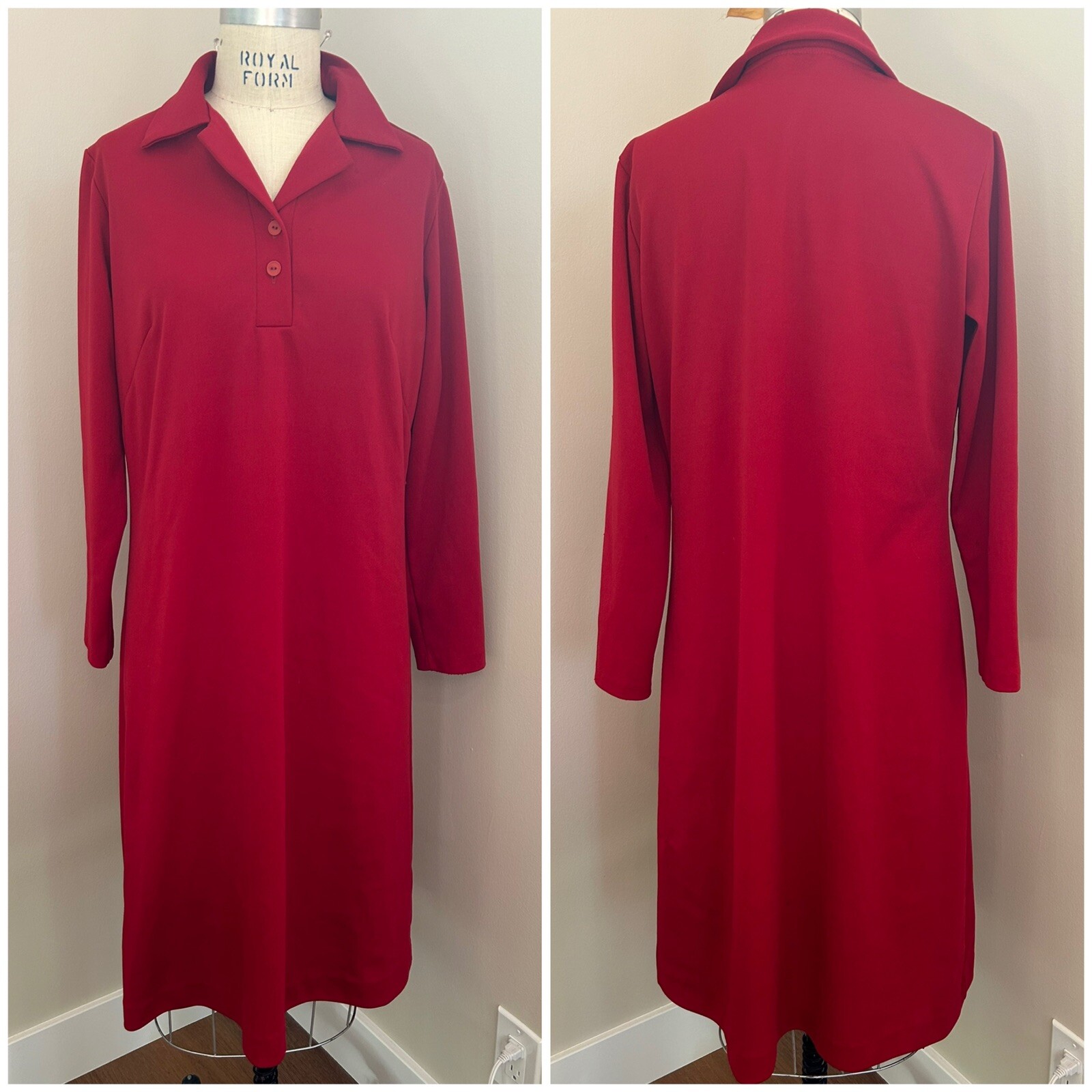 Vintage 70s NPC Fashions, Warren PA Red Collared Polyester Shift Dress – L/XL