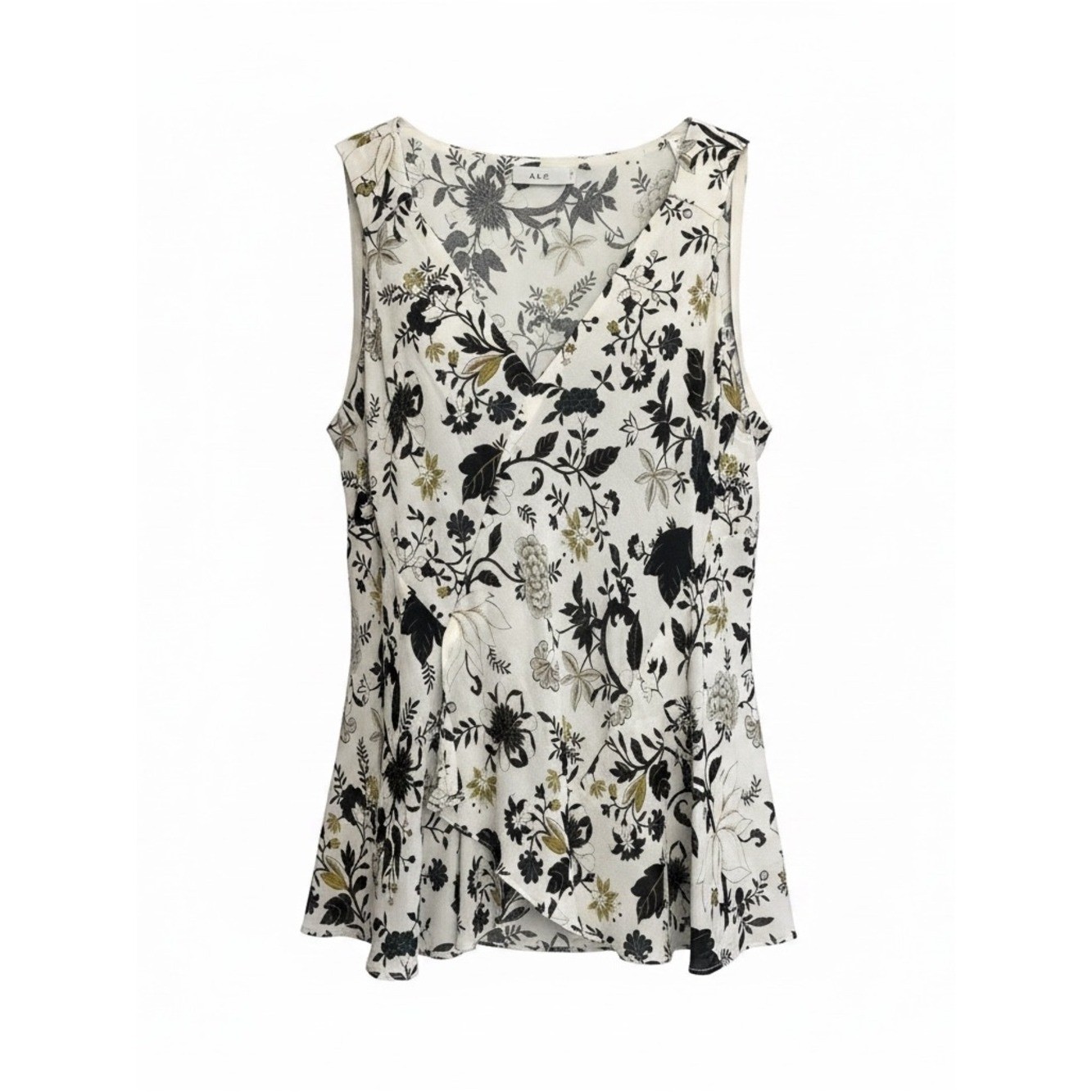 A.L.C. Floral V-Neck Sleeveless Top in Ivory,Black, Olive 100% silk