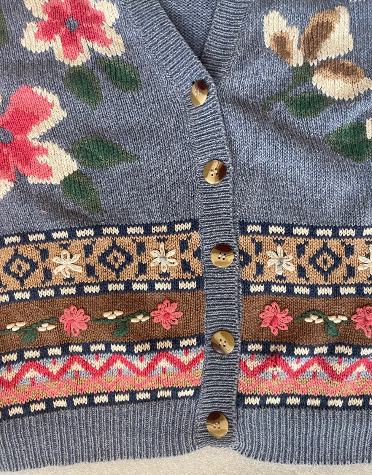 Y2K JANTZEN CLASSICS, RAMIE COTTON KNIT BLUE CARDIGAN HAND STITCHED FLOWERS, EUC