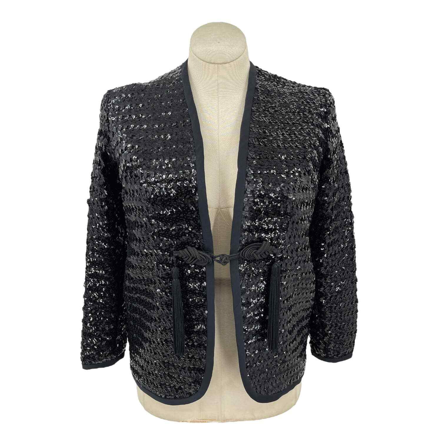 Vintage 70s Black Sequin Jacket Tassel Detail Super Glam Henry Higgins Size M L