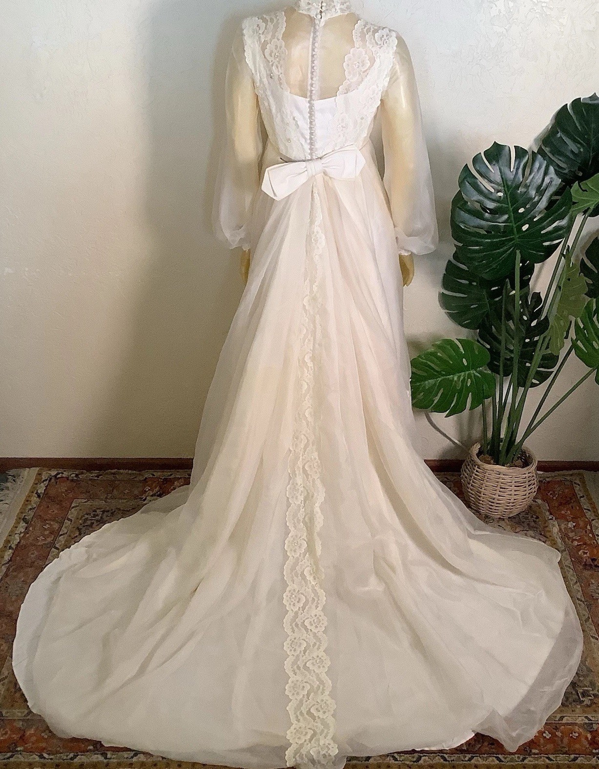 1970s Bridal Originals Regency Inspired Empire Waist Lace Wedding Dress & Train