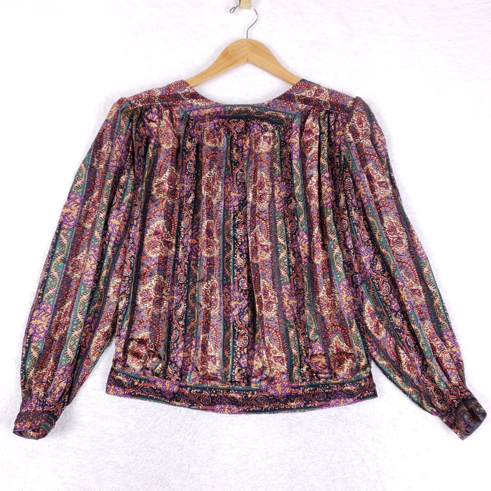 La Chine Classic Paisley Blouse Womens Size 10 Vintage Pleated Button Back 80s