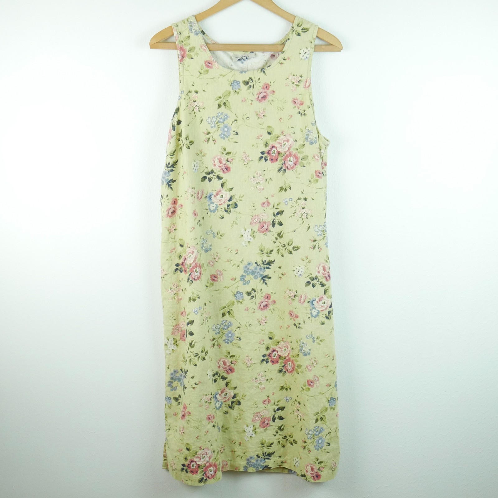 Vintage 90s Linen Blend Midi Dress M Butter Yellow Floral Cottagecore Prairie