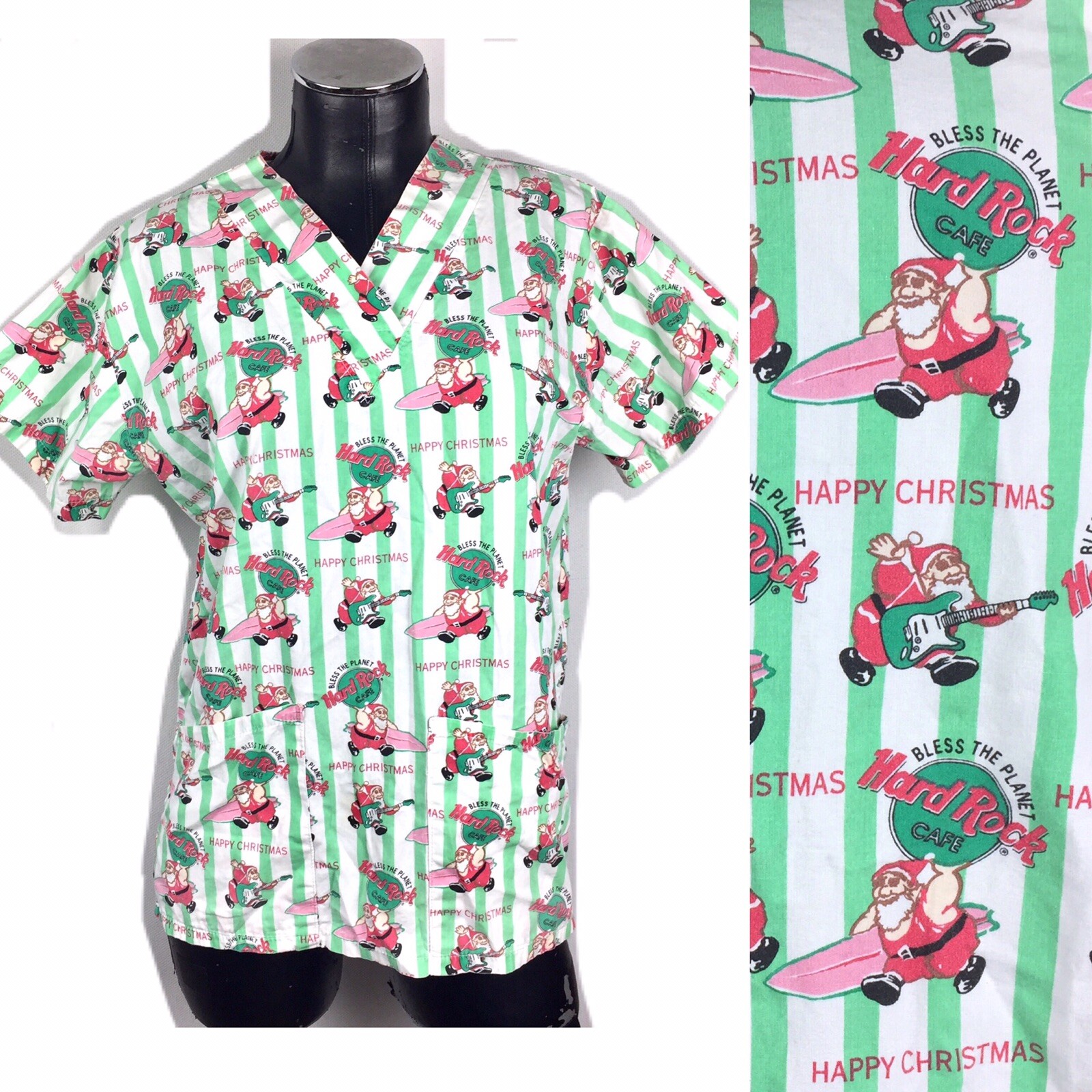 Vtg Hard Rock Cafe Happy Christmas Santa Carol’s Uniforms Scrub Top Womens Small