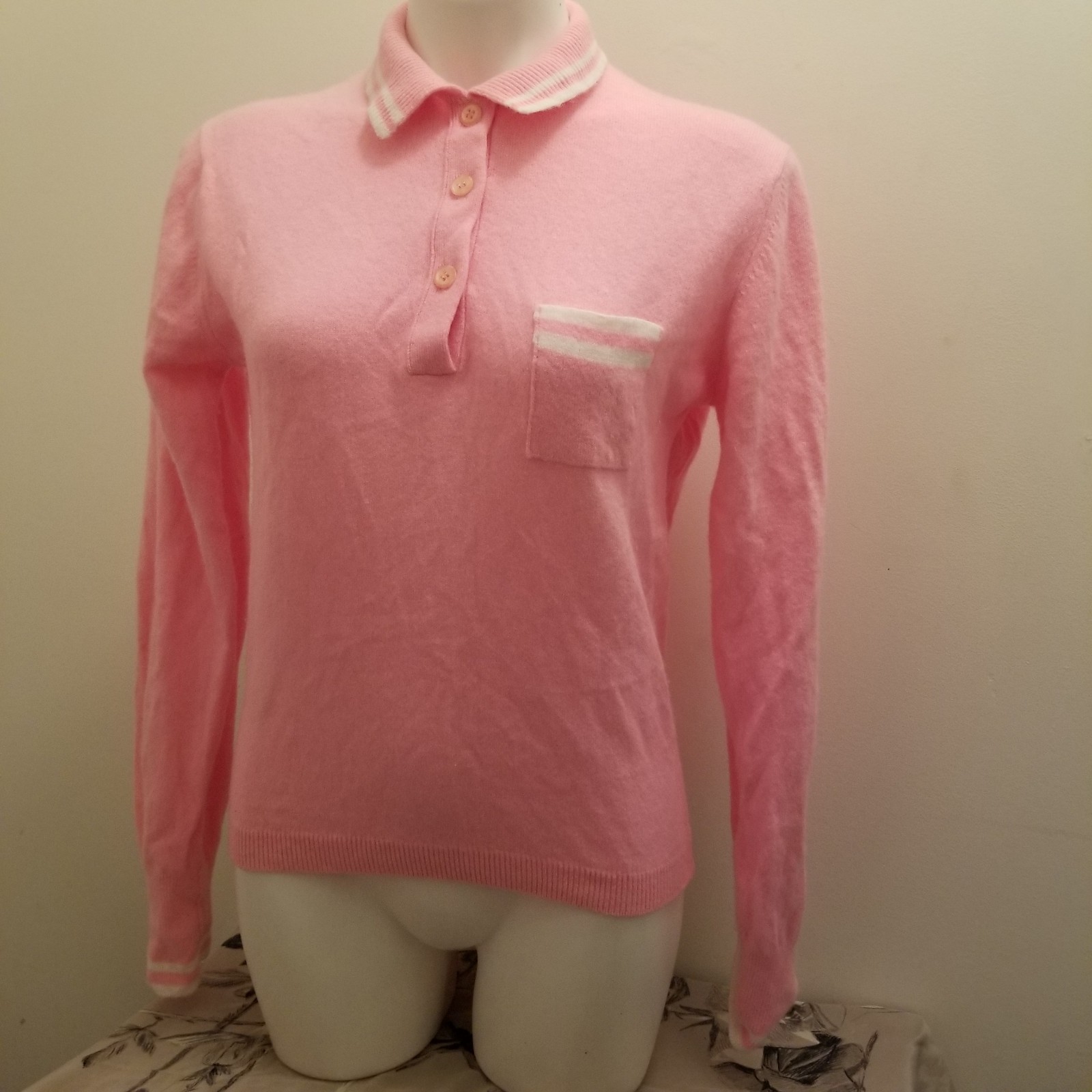 Vintage 1960s Bobbie Brooks Pink Lambs Wool Knit Sweater Collar M/40
