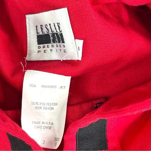 Vtg Leslie Fay Red Cropped Jacket Black Square Trim Shoulder Pads Sz 8 Petite