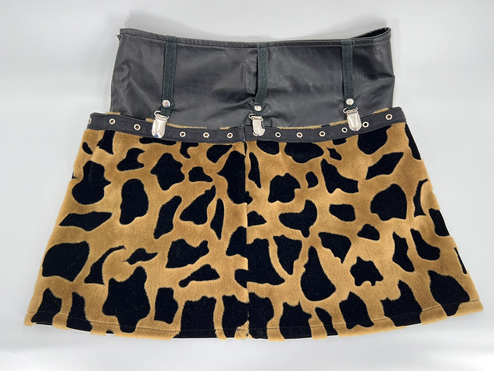 Vintage Mixed Media Mini Skirt Made Hong Kong Vegan Leather Animal print 27″x14″