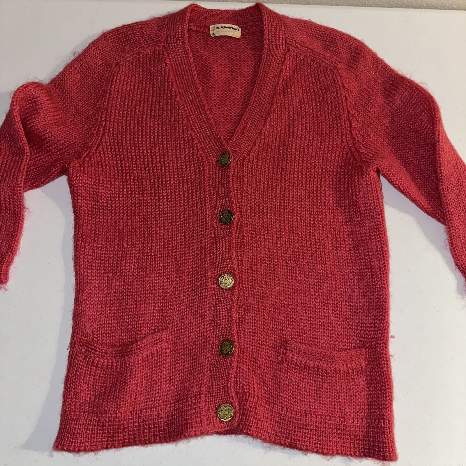 Vintage 1960s 100% Mohair Cardigan Sweater Pinkish Red Approx Sz Medium Shaggy