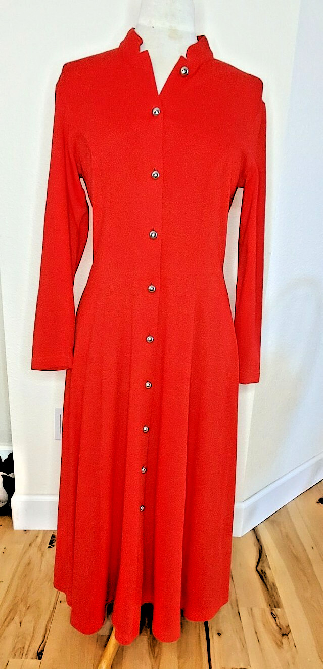 Vintage 1980s Christmas Red Dress Long 100% Cotton Sz 10 Silver Button Ann Tjian