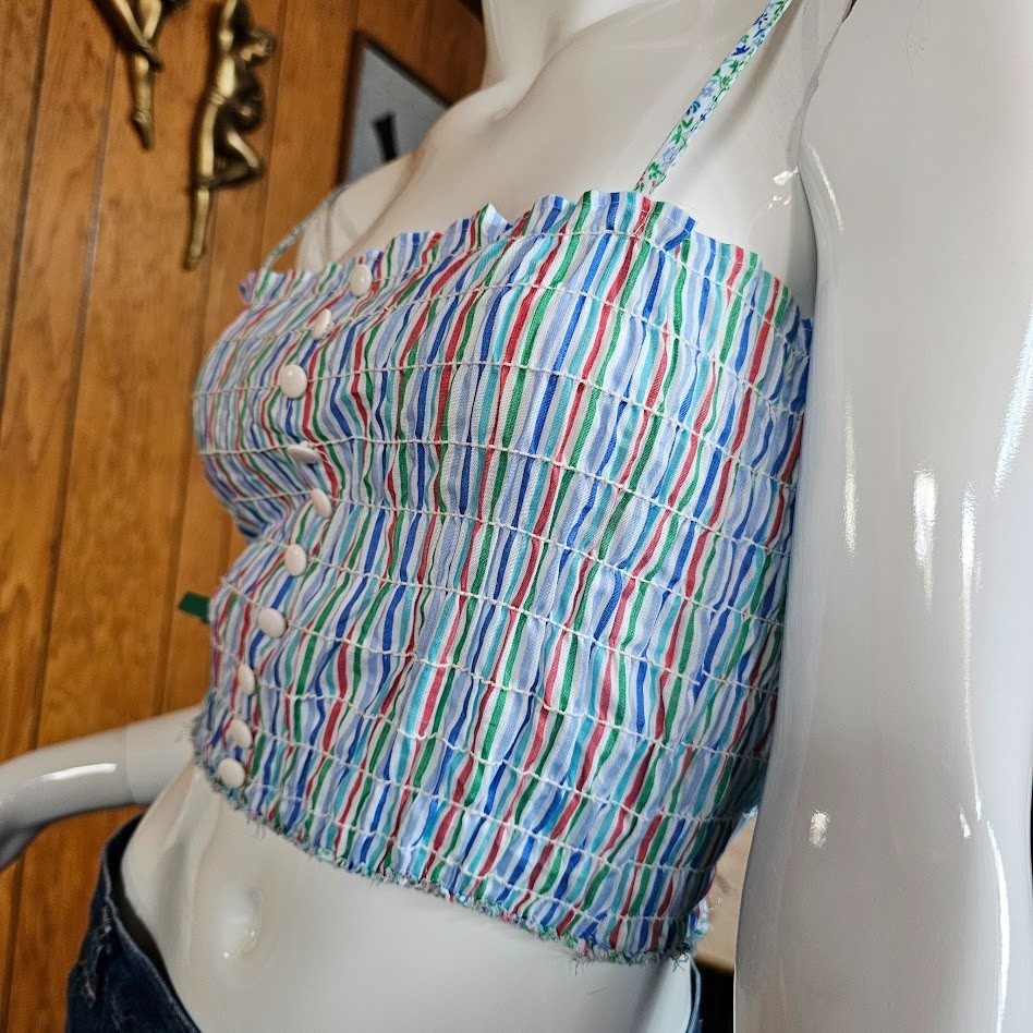 Vtg 70s Pride Rainbow Stripe Smocked Crop Baby Tee Tube Top Festival Shirt M