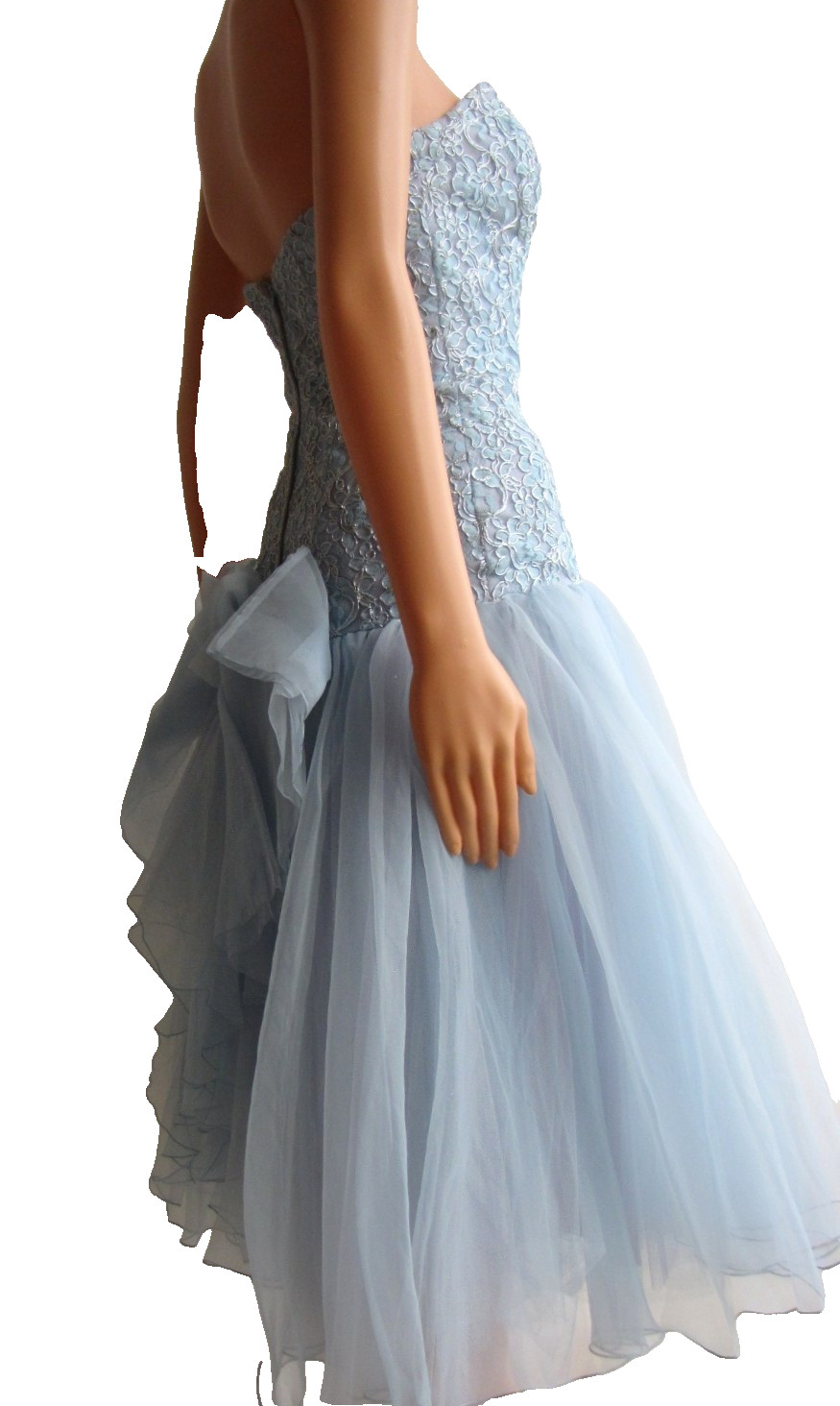 Vtg 80s John Charles Tulle Ball Gown / Cocktail Dress Strapless Baby Blue UK 10