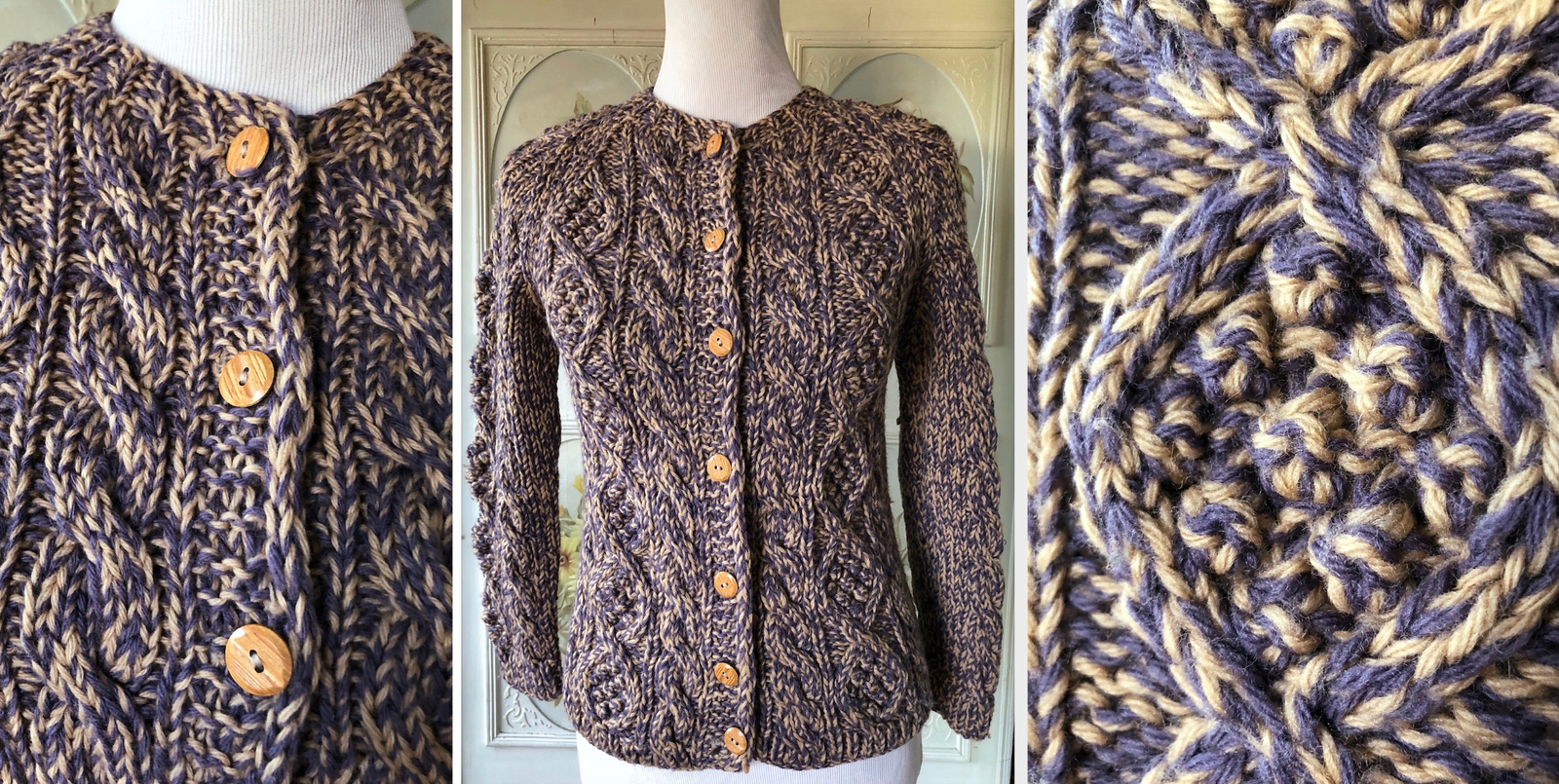 VTG 50s G FOX ITALY ALL WOOL HAND MADE SWEATER CARDIGAN PURPLE CREAM RAGLAN EUC