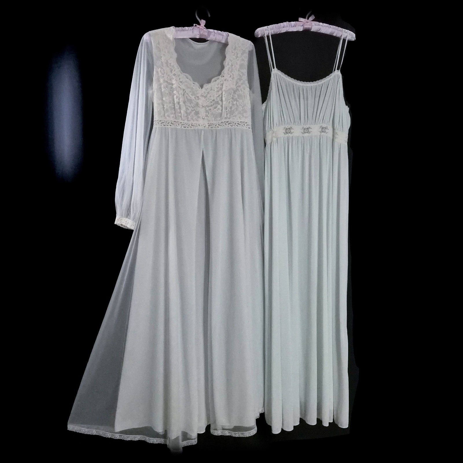 2pc Vintage 60s SHEER Nylon PEIGNOIR Set CHIFFON Nightgown LONG Gown Teal ~ M/L