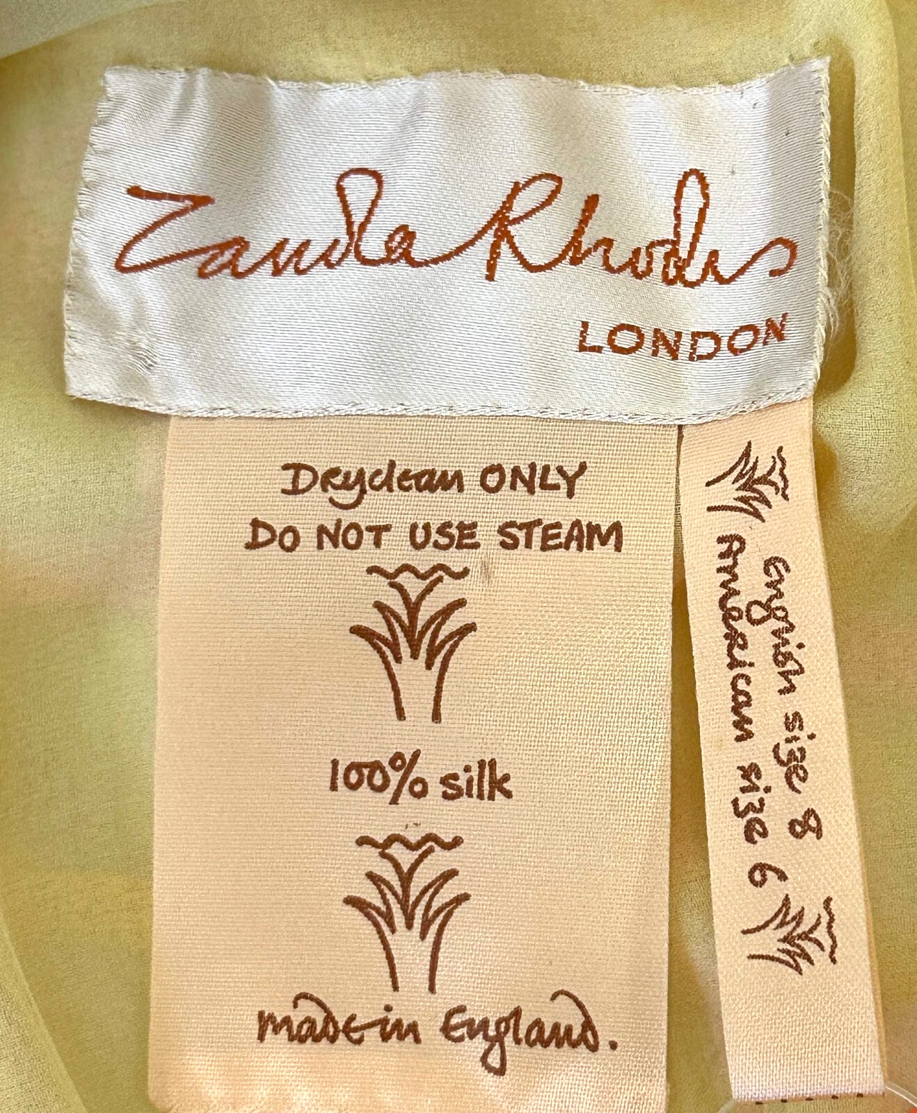 Vintage ZANDRA RHODES Iconic Silk Chiffon Gown 6 Yellow Hand Painted 1970’s Midi