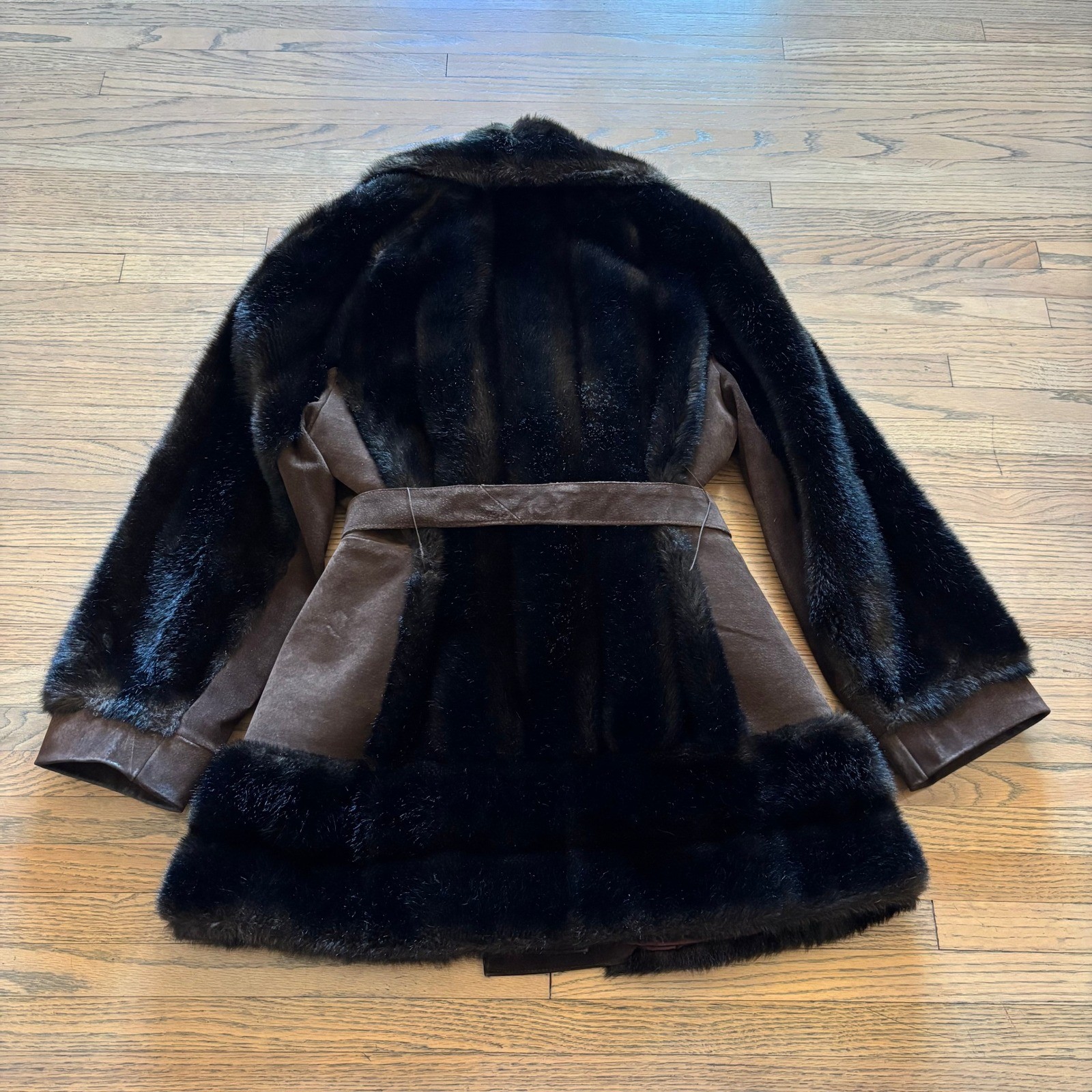Vintage Rosewin Tissavel Brown Faux Fur Suede Belted Mid Coat Jacket Womens M L