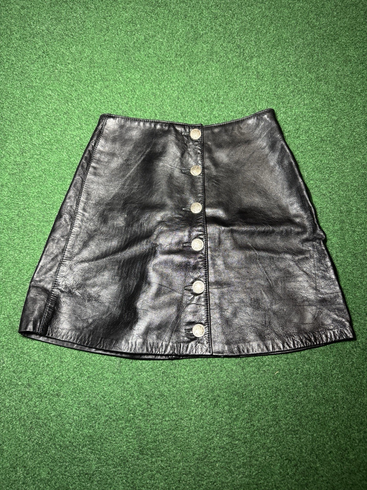 Vintage Black Leather Skirt Medium 26” Waist 90s Metal Buttons Grunge Biker
