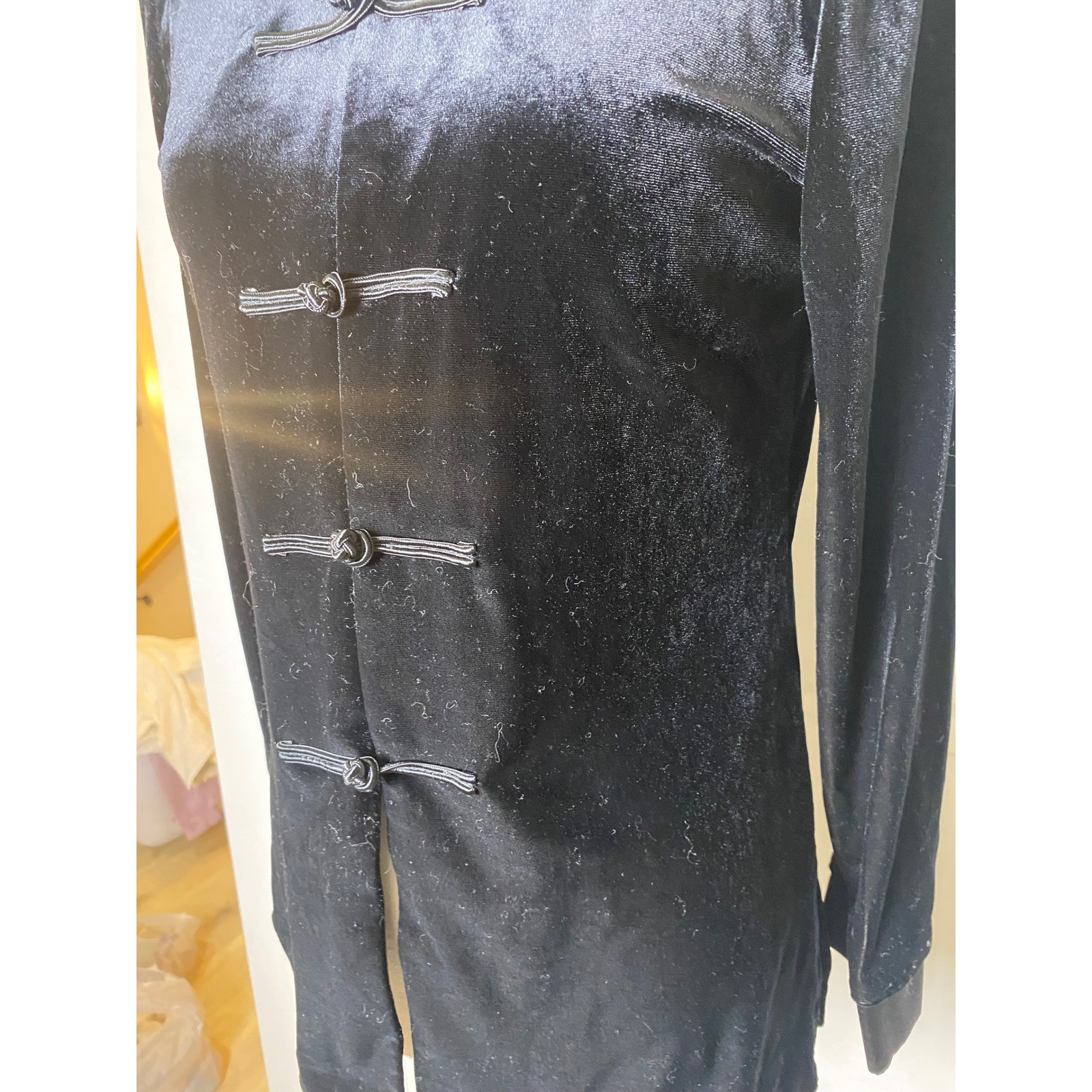 Whirlaway Frocks Vintage 90s Black Velvet Frog Closure Mandarin Top Sz 8P Asian