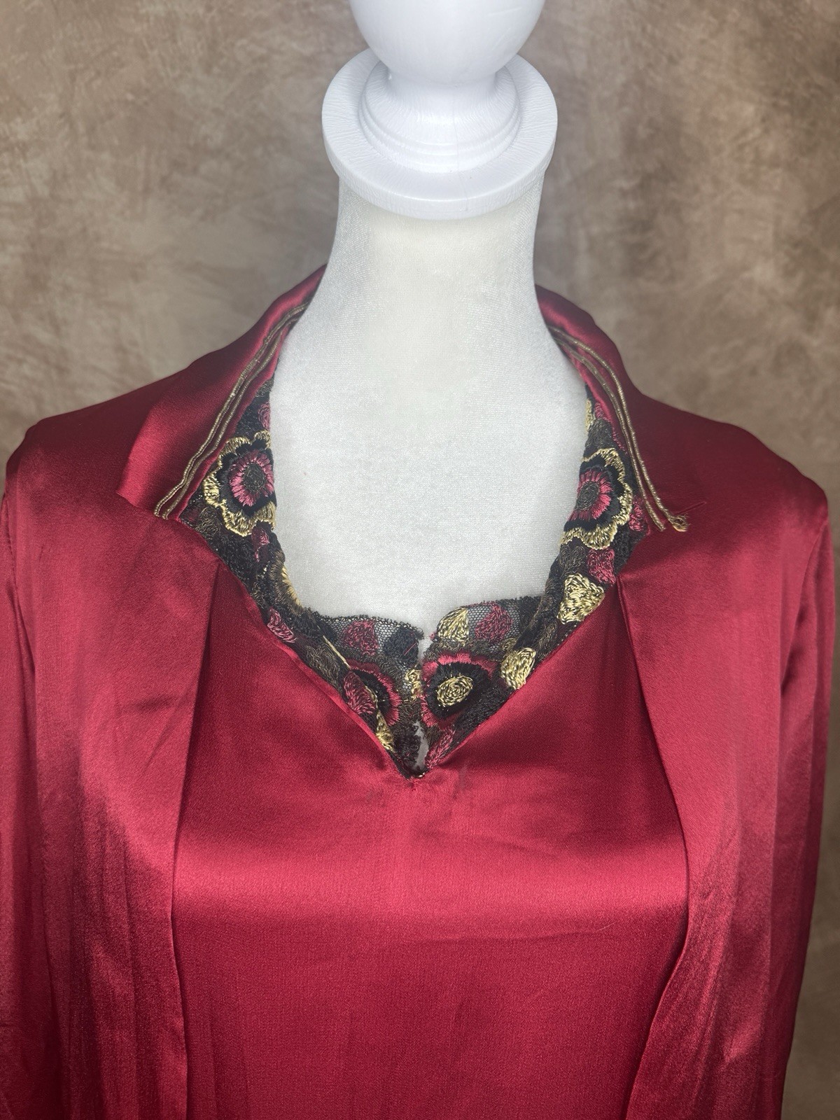 Antique 1910s 1920s Red Satin Dress Embroidered Trim Enamel Buckles Drop Waist