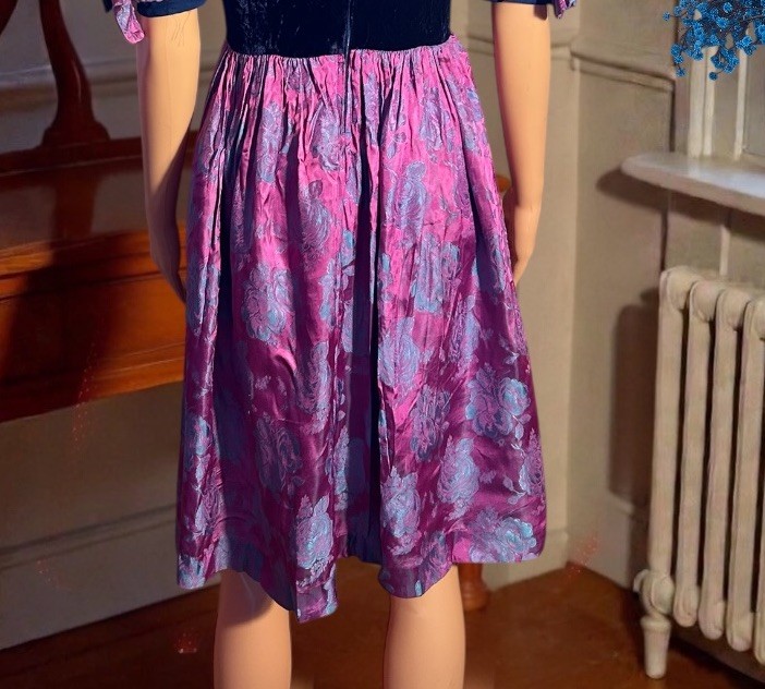 VTG 40s 50s Cocktail Dress Blue Velvet Satin Brocade Iridescent MCM Party 28W S