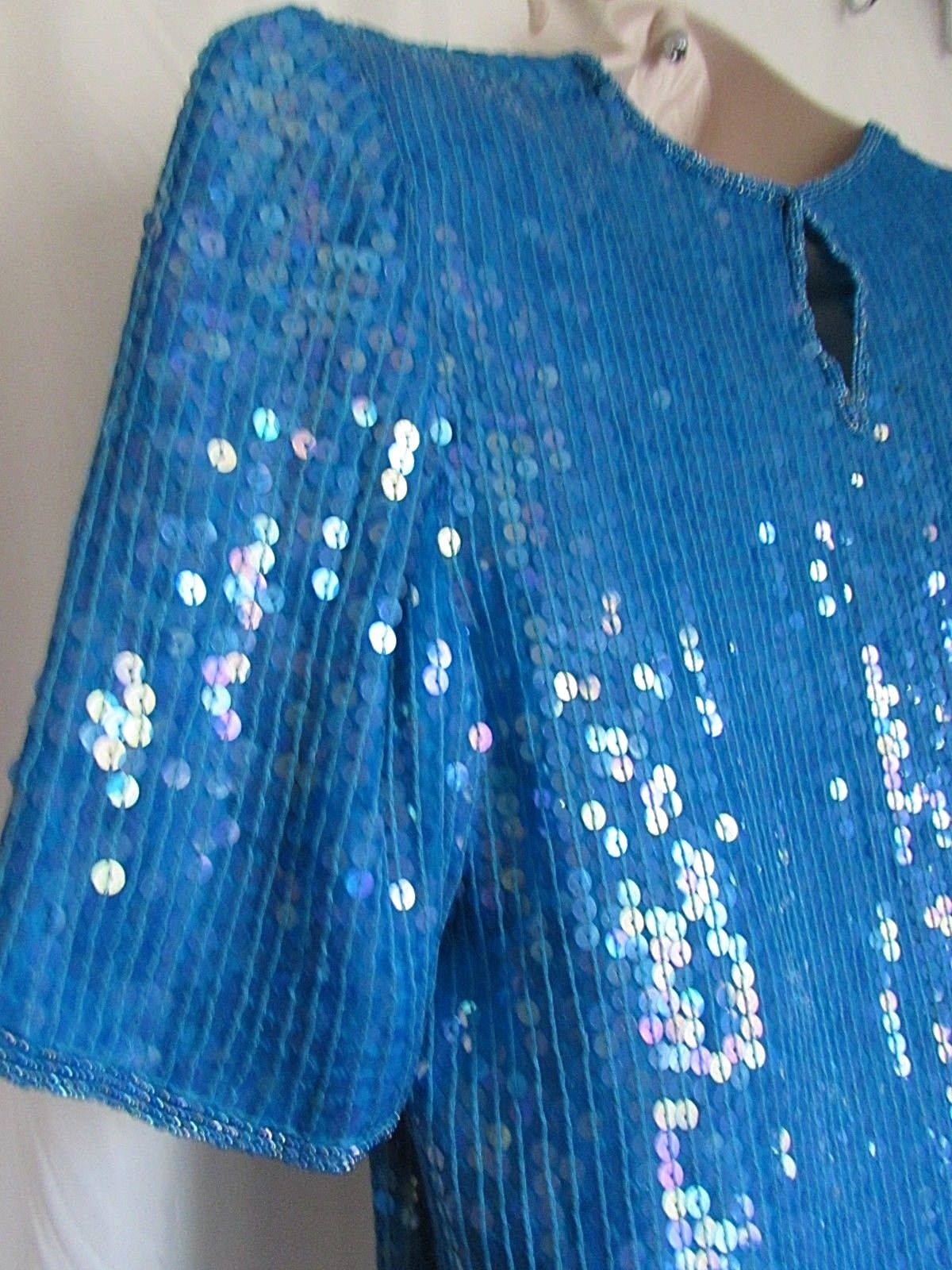 Vintage Jean for Joseph Le Bon Turquoise Sequin Short Sleeve Blouse Size M