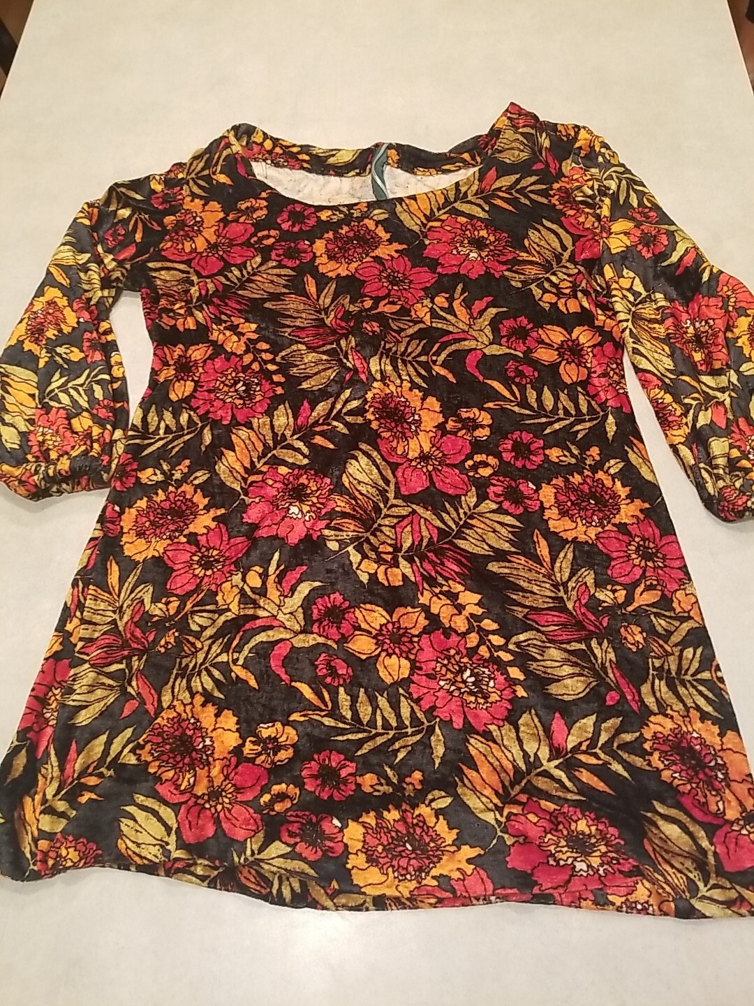 Vintage 1970s Handmade Mini Dress Orange Red Floral Design Zipper Closure Velvet