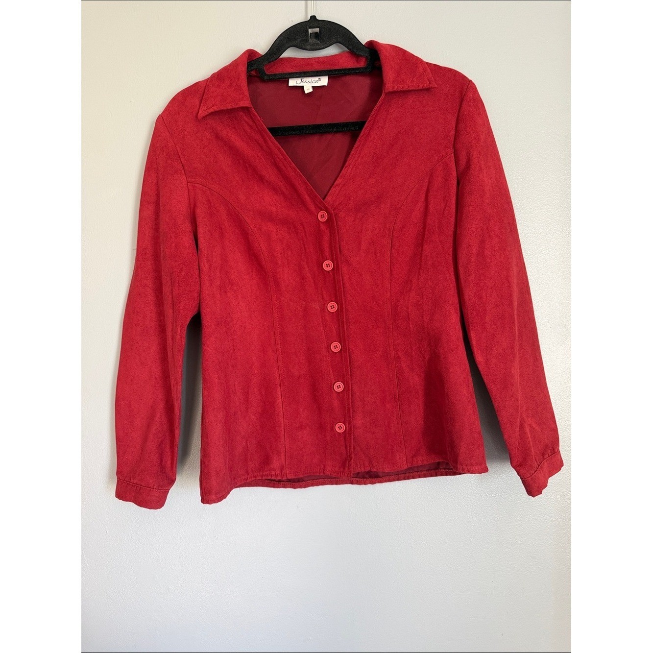 Jessica Vintage Red Faux Suede Button Front Shirt Jacket Blouse Medium Size 10