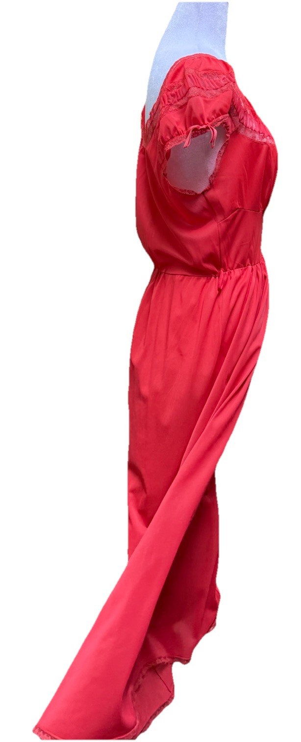 Vtg 60s Nightgown Chiffon Pleat Maxi Empire Goddess Siren Red Lace Nylon M 36 38