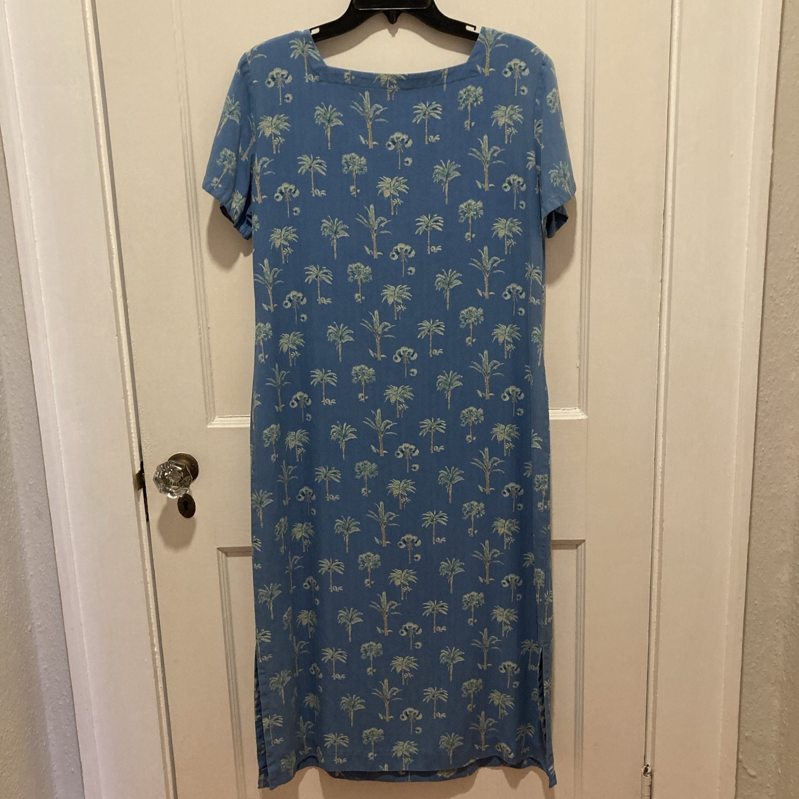 Rum Runner Hawaiian Silk Maxi Tiki Dress M-L Blue Green Tropic Palm Tree Vintage