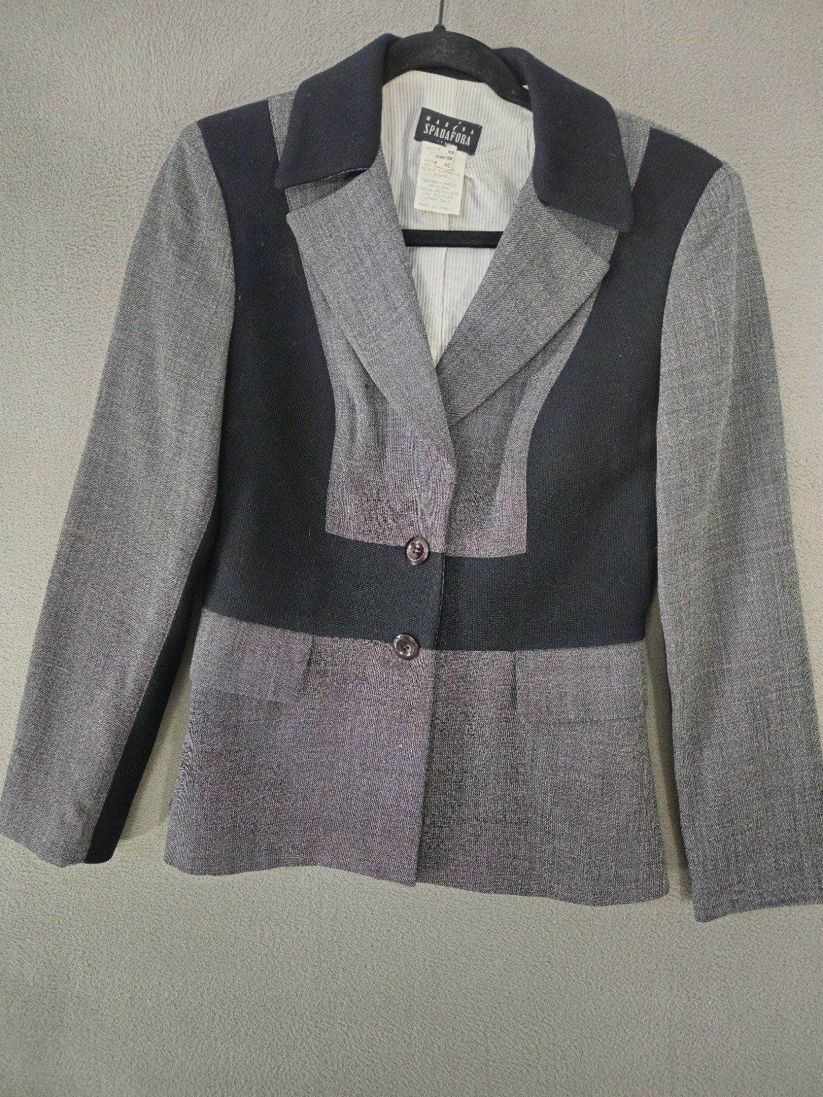 Vintage 90s Marina Spadafora Italy Womens 8 Blazer Skirt Suit Gray Black Block