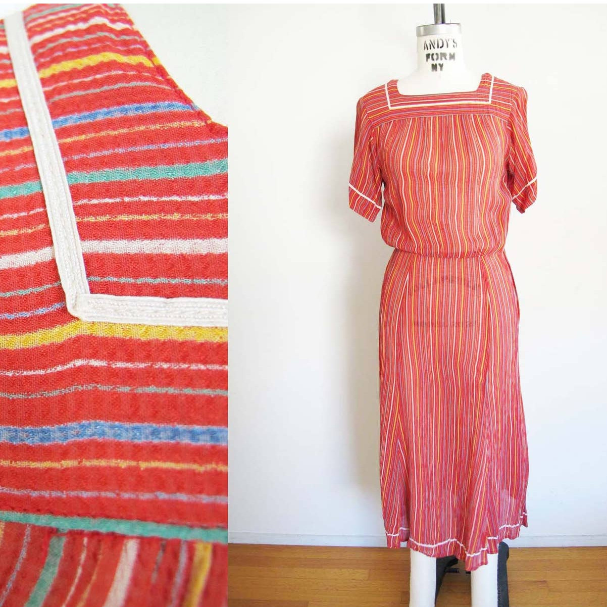 Vintage 80s Albert Nipon Dress XS S – 1970s Red Multicolor Stripe Midi
